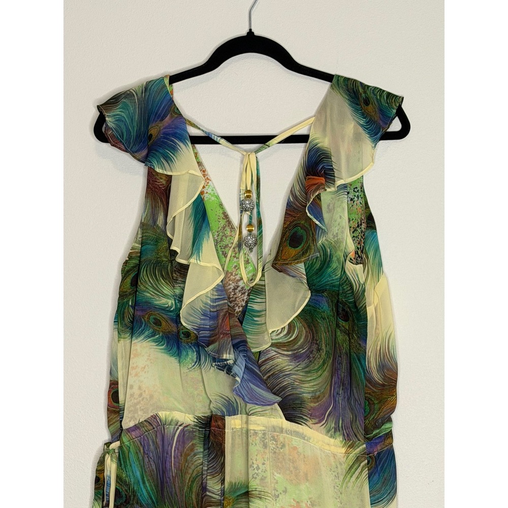 Meghan LA Peacock Feather Print Wide Leg Jumpsuit Green Blue Medium - Picture 4 of 8